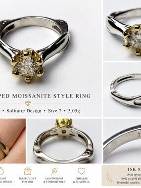 Ring-06-18K-Modern Moissanite Solitaire Ring | Two Tone Glam Engagement Style |